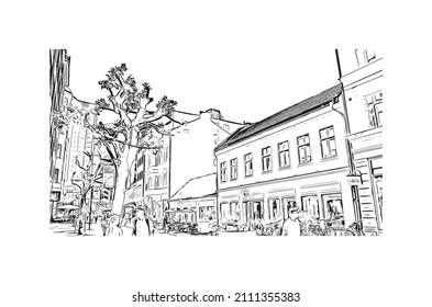 Die Bausicht mit Wahrzeichen von Malmo ist eine Küstenstadt in Südschweden. Handgezeichnete Skizzengrafik in Vektorgrafik.