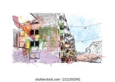 Building view with landmark of Malmo is a coastal city in southern Sweden. Watercolor splash with hand drawn sketch illustration in vector.