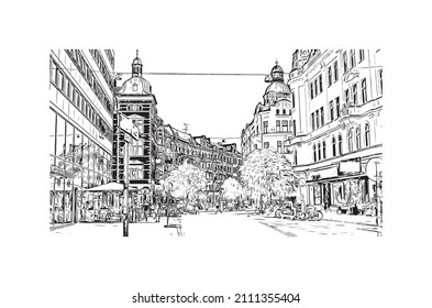 Building view with landmark of Malmo is a coastal city in southern Sweden. Hand drawn sketch illustration in vector.