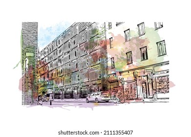 Building view with landmark of Malmo is a coastal city in southern Sweden. Watercolor splash with hand drawn sketch illustration in vector.