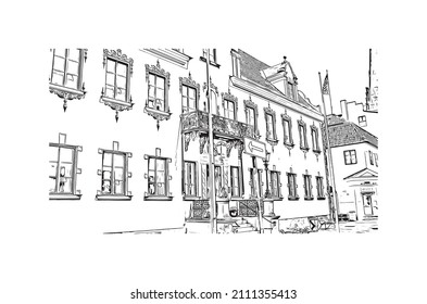 Building view with landmark of Malmo is a coastal city in southern Sweden. Hand drawn sketch illustration in vector.