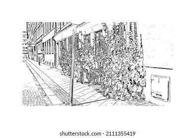 Building view with landmark of Malmo is a coastal city in southern Sweden. Hand drawn sketch illustration in vector.