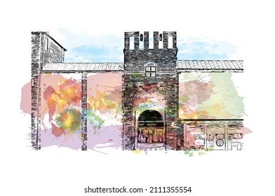 Building view with landmark of Malmo is a coastal city in southern Sweden. Watercolor splash with hand drawn sketch illustration in vector.