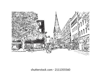 Building view with landmark of Malmo is a coastal city in southern Sweden. Hand drawn sketch illustration in vector.
