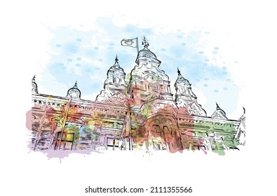 Building view with landmark of Malmo is a coastal city in southern Sweden. Watercolor splash with hand drawn sketch illustration in vector.