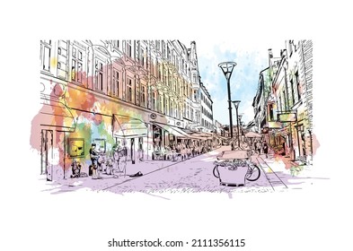 Building view with landmark of Malmo is a coastal city in southern Sweden. Watercolor splash with hand drawn sketch illustration in vector.