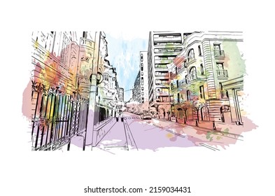 Building view with landmark of Manaco is the village in Mali. Watercolor splash with hand drawn sketch illustration in vector.