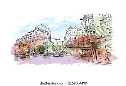 Building view with landmark of Manaco is the village in Mali. Watercolor splash with hand drawn sketch illustration in vector.