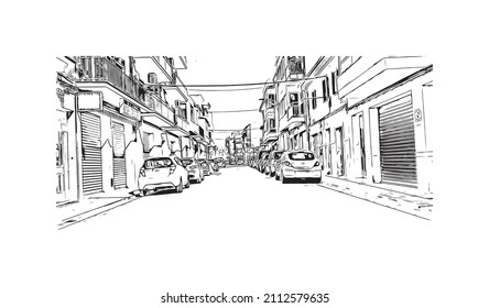Building view with landmark of Manacor is the
town in Spain. Hand drawn sketch illustration in vector.