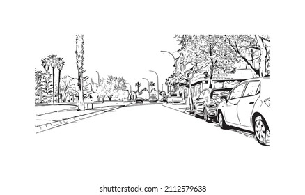 Building view with landmark of Manacor is the
town in Spain. Hand drawn sketch illustration in vector.