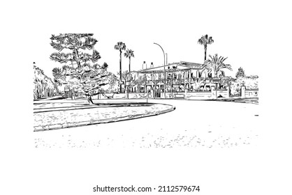 Building view with landmark of Manacor is the
town in Spain. Hand drawn sketch illustration in vector.