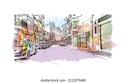 Building view with landmark of Manacor is the 
town in Spain. Watercolor splash with hand drawn sketch illustration in vector.