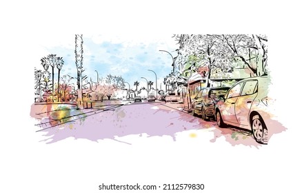 Building view with landmark of Manacor is the 
town in Spain. Watercolor splash with hand drawn sketch illustration in vector.