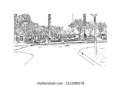 Building view with landmark of Manacor is the
town in Spain. Hand drawn sketch illustration in vector.