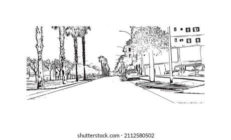 Building view with landmark of Manacor is the
town in Spain. Hand drawn sketch illustration in vector.