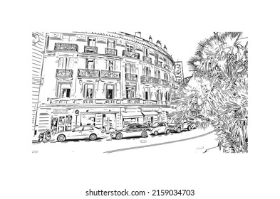 Building view with landmark of Manako is the village in Mali. Hand drawn sketch illustration in vector.
