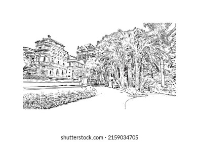 Building view with landmark of Manako is the village in Mali. Hand drawn sketch illustration in vector.