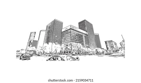 Building view with landmark of Manako is the village in Mali. Hand drawn sketch illustration in vector.