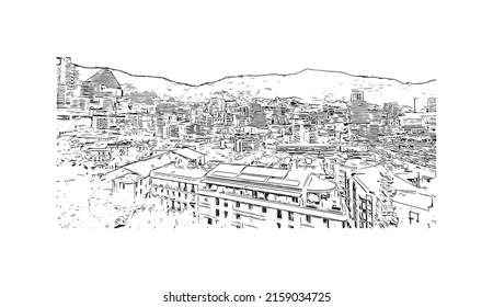 Building view with landmark of Manako is the village in Mali. Hand drawn sketch illustration in vector.