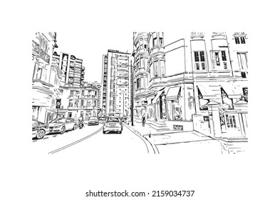 Building view with landmark of Manako is the village in Mali. Hand drawn sketch illustration in vector.