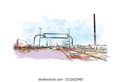 Building view with landmark of Manama is the 
capital of Bahrain. Watercolor splash with hand drawn sketch illustration in vector.