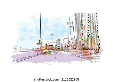 Building view with landmark of Manama is the 
capital of Bahrain. Watercolor splash with hand drawn sketch illustration in vector.