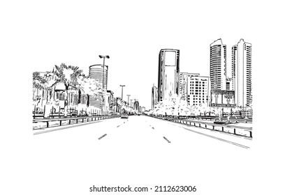 Building view with landmark of Manama is the 
capital of Bahrain. Hand drawn sketch illustration in vector.