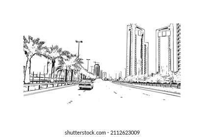 Building view with landmark of Manama is the 
capital of Bahrain. Hand drawn sketch illustration in vector.