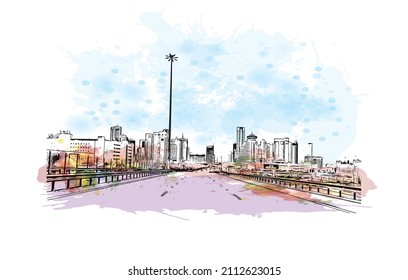 Building view with landmark of Manama is the 
capital of Bahrain. Watercolor splash with hand drawn sketch illustration in vector.
