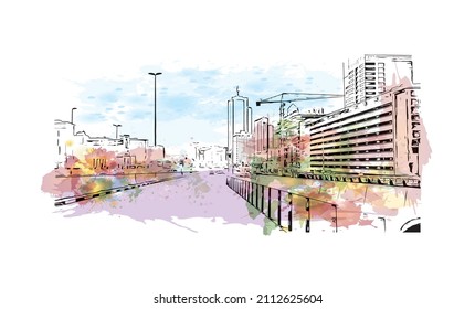 Building view with landmark of Manama is the 
capital of Bahrain. Watercolor splash with hand drawn sketch illustration in vector.