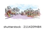 Building view with landmark of Manchester is the 
city in New Hampshire. Watercolor splash with hand drawn sketch illustration in vector.
