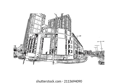 Building view with landmark of Manchester is the 
city in England. Hand drawn sketch illustration in vector.