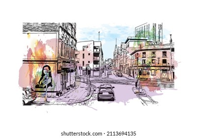 Building view with landmark of Manchester is the 
city in England. Watercolor splash with hand drawn sketch illustration in vector.