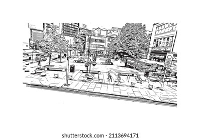 Building view with landmark of Manchester is the 
city in England. Hand drawn sketch illustration in vector.