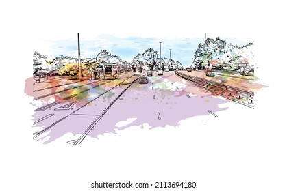 Building view with landmark of Manchester is the 
city in England. Watercolor splash with hand drawn sketch illustration in vector.