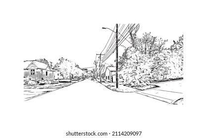 Building view with landmark of Manchester is the 
city in New Hampshire. Hand drawn sketch illustration in vector.