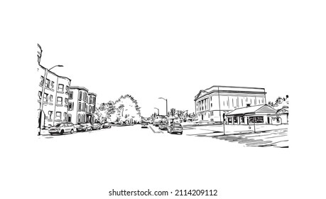 Building view with landmark of Manchester is the 
city in New Hampshire. Hand drawn sketch illustration in vector.