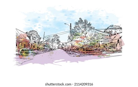 Building view with landmark of Manchester is the 
city in New Hampshire. Watercolor splash with hand drawn sketch illustration in vector.