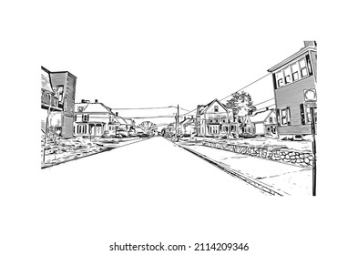 Building view with landmark of Manchester is the 
city in New Hampshire. Hand drawn sketch illustration in vector.