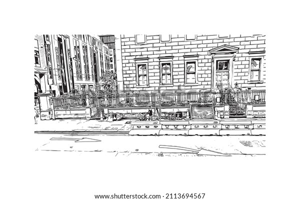 Building view with\
landmark of Manchester is the \
city in England. Hand drawn sketch\
illustration in\
vector.