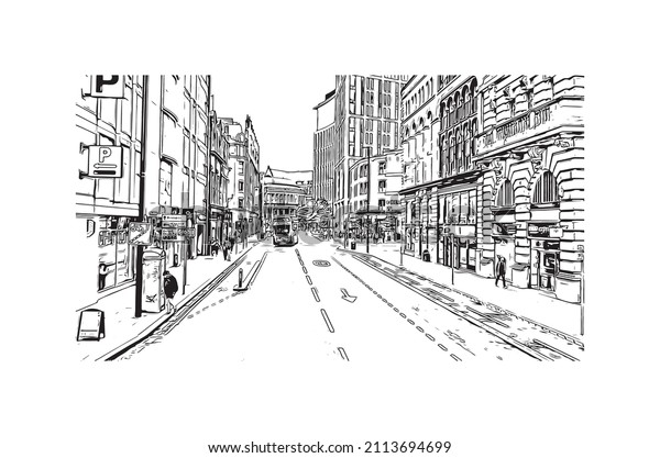 Building view with\
landmark of Manchester is the \
city in England. Hand drawn sketch\
illustration in\
vector.