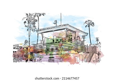 Building view with landmark of Manhattan Beach is the 
city in California. Watercolor splash with hand drawn sketch illustration in vector.