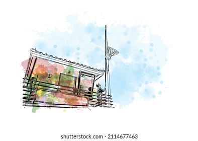 Building view with landmark of Manhattan Beach is the 
city in California. Watercolor splash with hand drawn sketch illustration in vector.