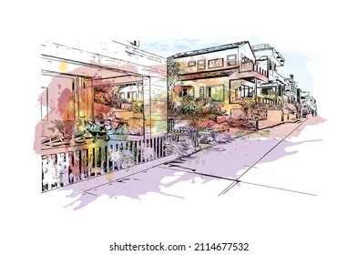 Las vistas al edificio con un punto de referencia de Manhattan Beach son 
ciudad de California. Salto de color de agua con ilustración de esbozo dibujada a mano en vector.