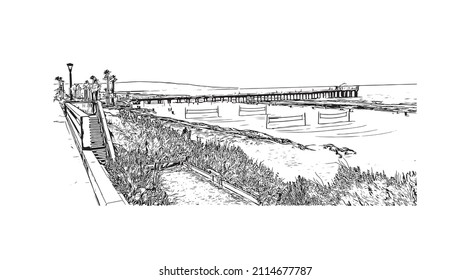 Building view with landmark of Manhattan Beach is the 
city in California. Hand drawn sketch illustration in vector.