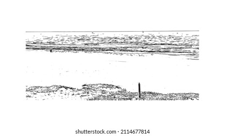 Building view with landmark of Manhattan Beach is the 
city in California. Hand drawn sketch illustration in vector.