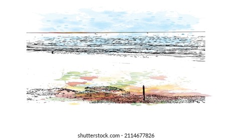 Der Ausblick auf das Gebäude mit dem Wahrzeichen des Manhattan Beach ist der 
Stadt in Kalifornien. Aquarellspritzer mit handgezeichneter Skizzengrafik in Vektorgrafik.