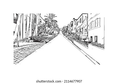 Las vistas al edificio con un punto de referencia de Manhattan Beach son 
ciudad de California. Dibujo a mano de ilustración de esbozo en vector.