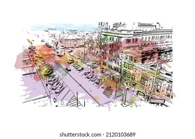 La vista de edificios con monumentos de Manhattan es la más densa   lugar poblado en la ciudad de Nueva York. Salto de color de agua con ilustración de esbozo dibujada a mano en vector.