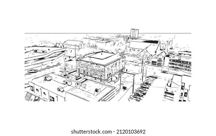 Building view with landmark of Manhattan is the most densely   populated place in New York City. Hand drawn sketch illustration in vector.